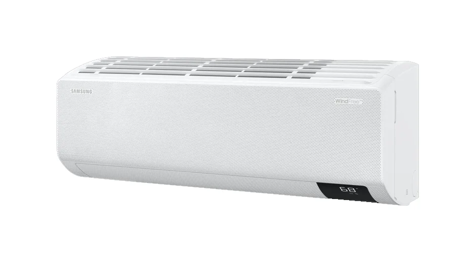 A ductless mini split system indoor unit mounted on a wall with an outdoor unit connected, representing Samsung's efficient and versatile heating and cooling solutions for homes.