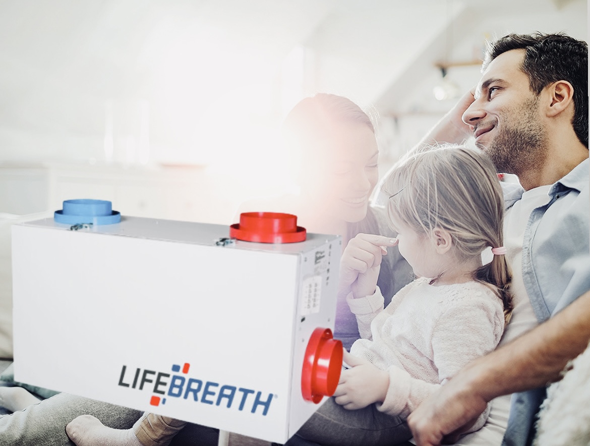 a picture of a family with a lifebreath hrv hepa air purifier in front to demonstrate a happy family living in comfort with the use of an HRV