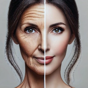 Side-by-side comparison of dry skin and moisturized skin, with a humidifiers in the background.