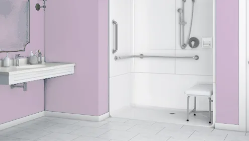 A barrier-free walk-in shower with a grab bar