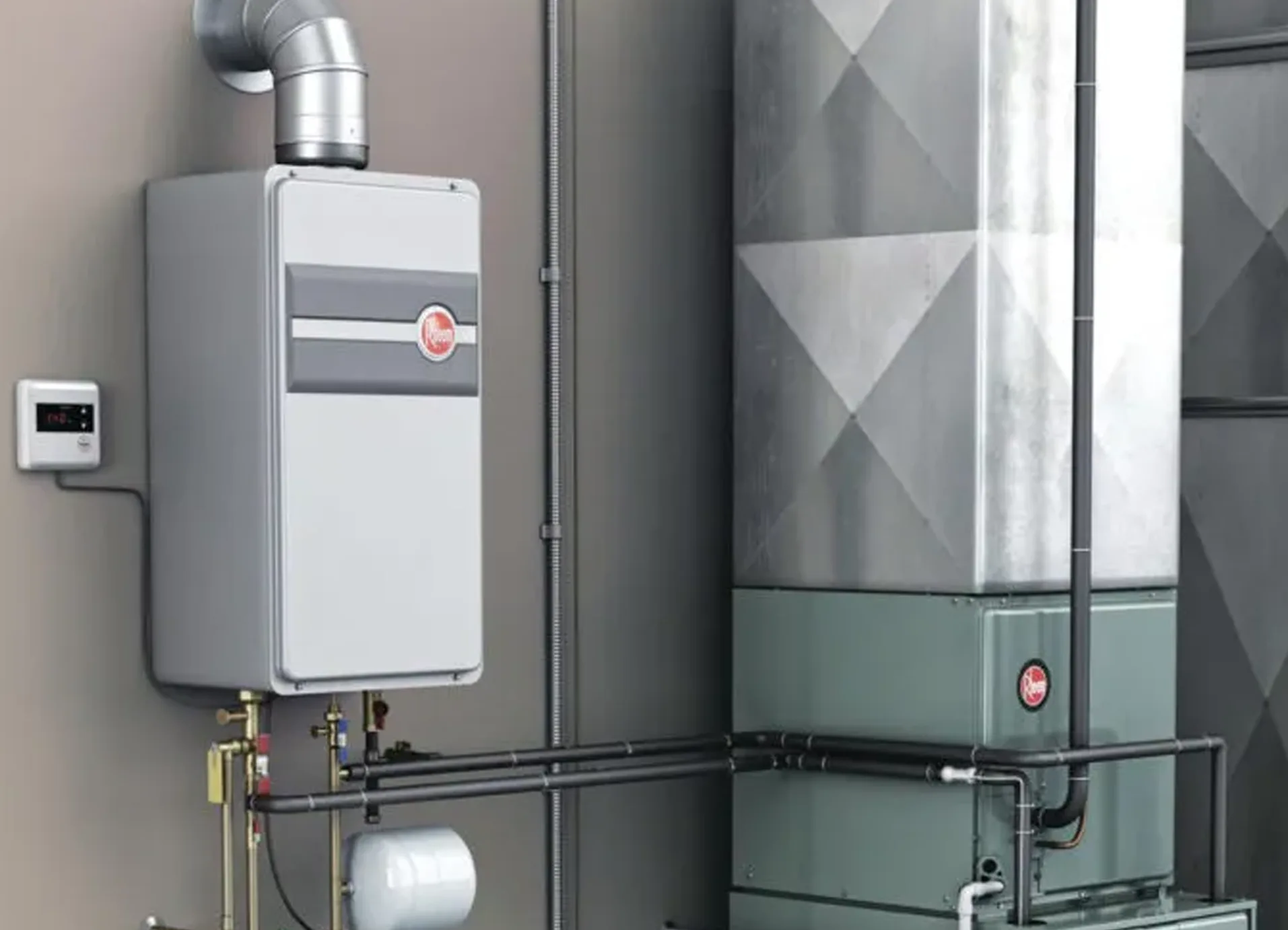 Tankless water heater with space heating combi-boiler installed in Calgary