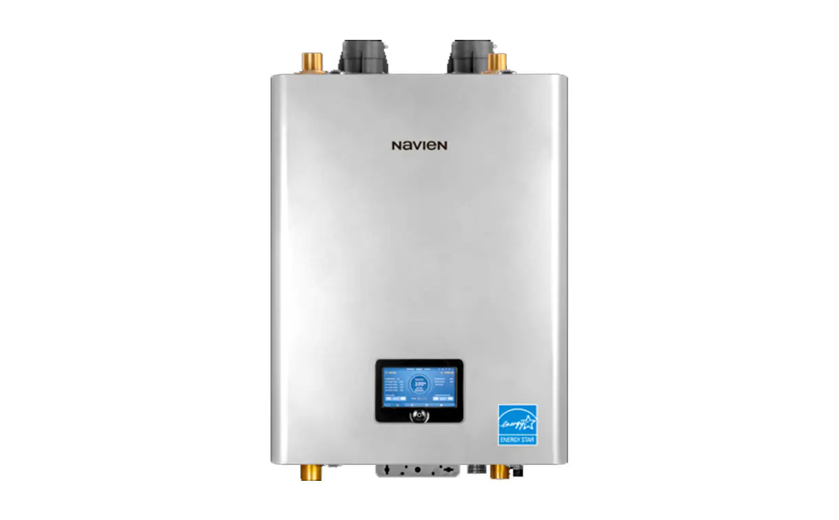 NAVIEN boiler displayed on a white background, front view, showcasing control panel and venting