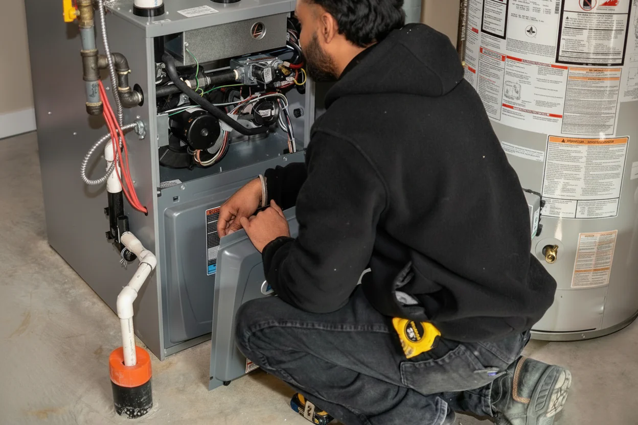 Technician refitting the front panel of a high-efficiency furnace next to a water heater