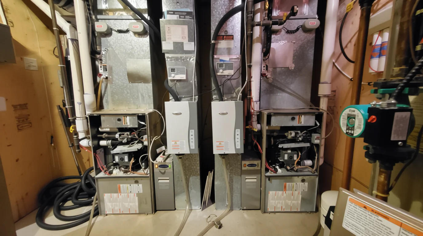 Two furnaces with their access panels off beside two tankless water heaters in a home mechanical room