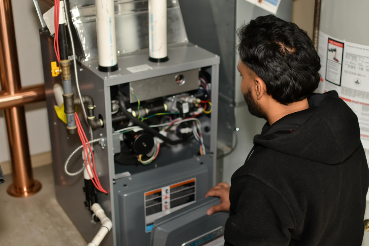Technician removing the front access panel of a high-efficiency furnace to reach the burner compartment