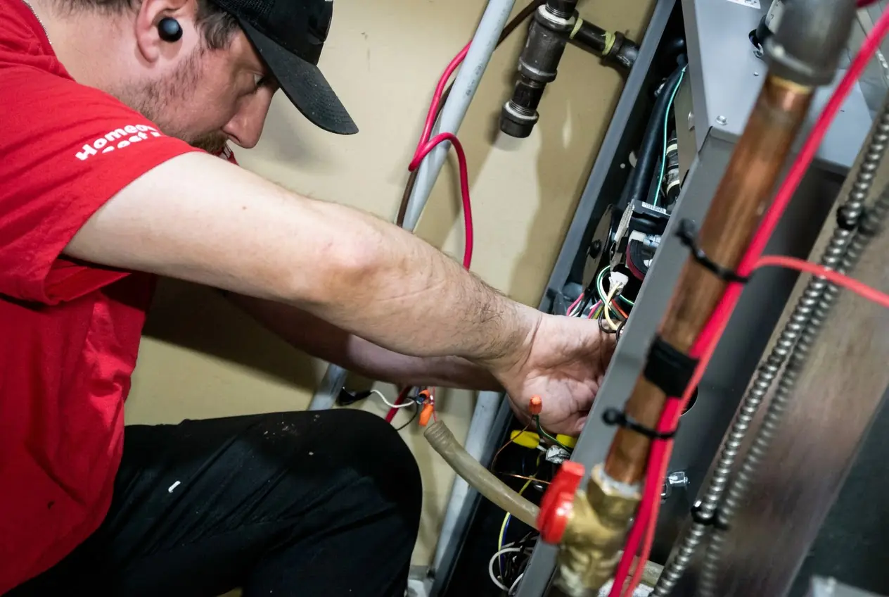 Alberta Indoor Comfort technician working inside an open furnace beside copper gas piping