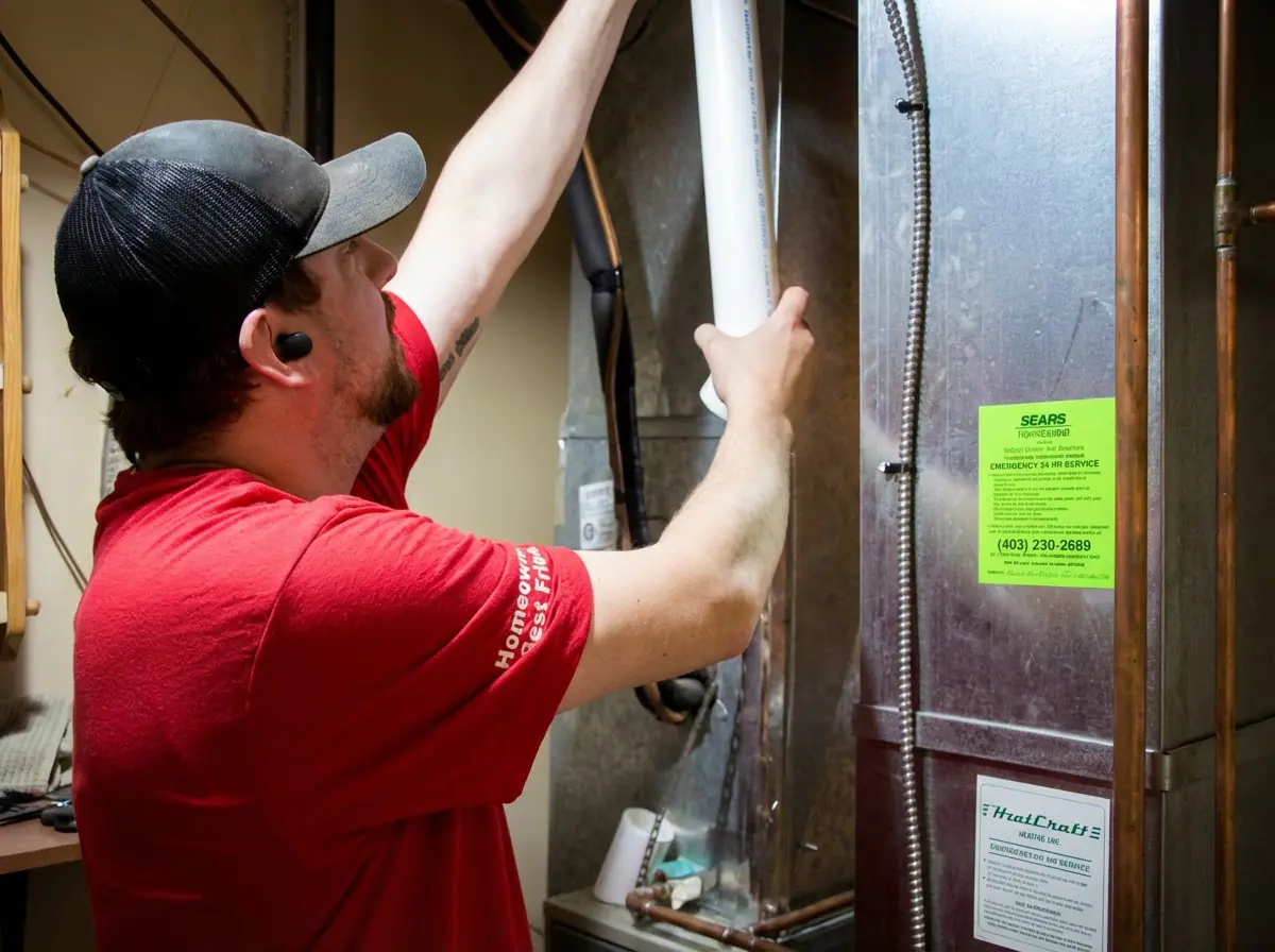 Alberta Indoor Comfort technician fitting PVC vent pipe alongside a furnace