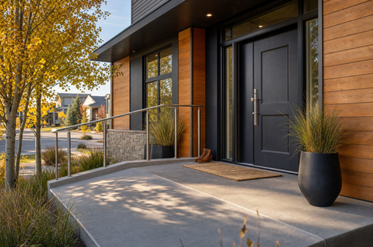 Accessible home entrance with a low-slope ramp and a handrail