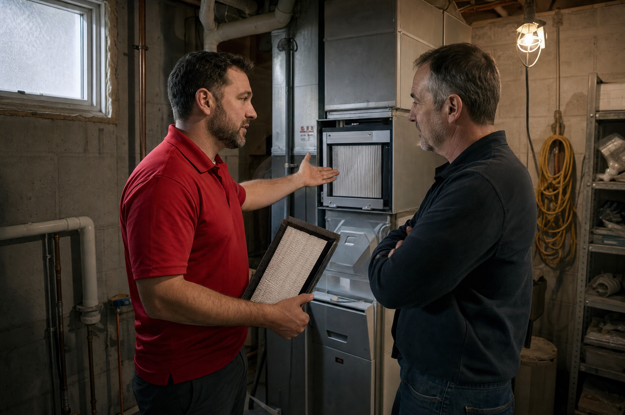 AIC technician in a red polo explaining an air filtration upgrade to a Calgary homeowner in their utility room