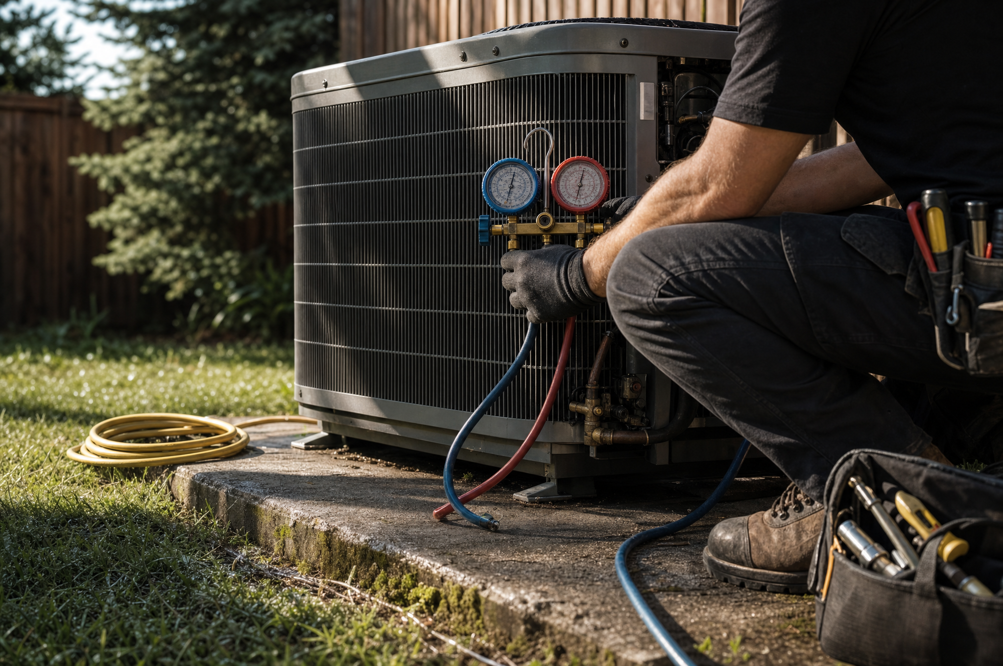 AIC technician diagnosing an outdoor condenser unit with gauges in a Calgary backyard