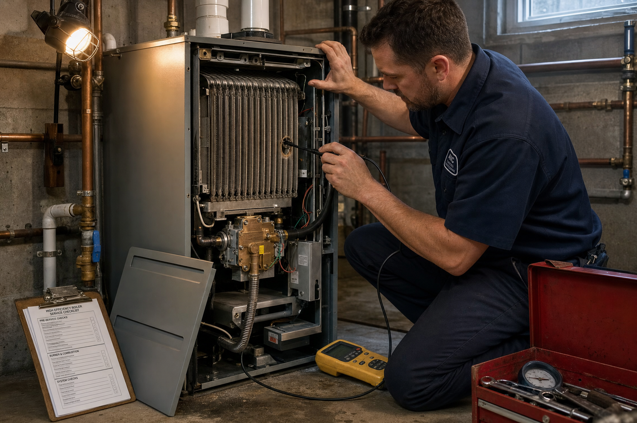 AIC technician inspecting a boiler heat exchanger and gas valve in a Calgary home AIC technician inspecting a boiler heat exchanger and gas valve in a Calgary home