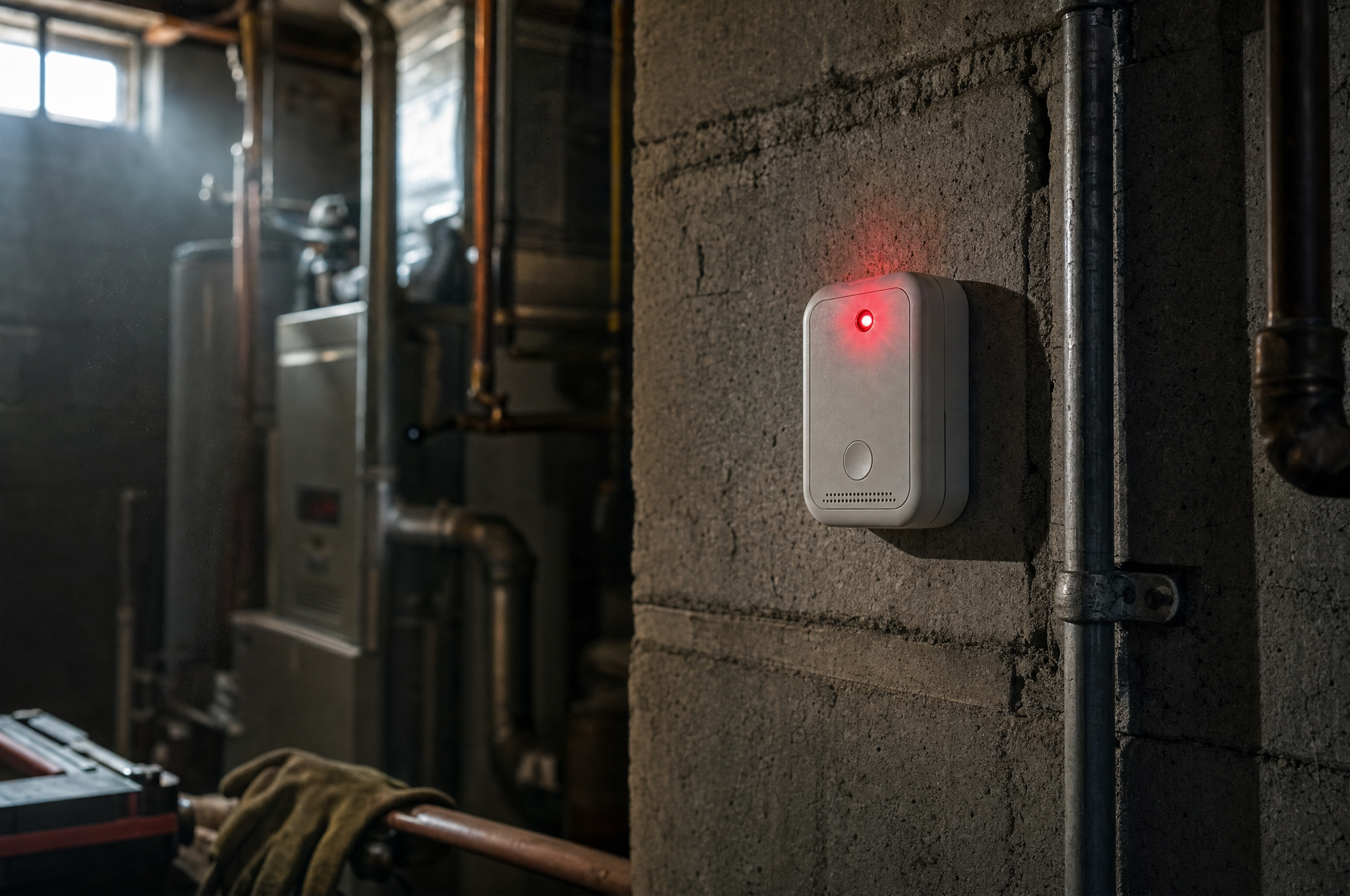 Wall-mounted carbon monoxide detector in a Calgary basement furnace room Wall-mounted carbon monoxide detector in a Calgary basement furnace room