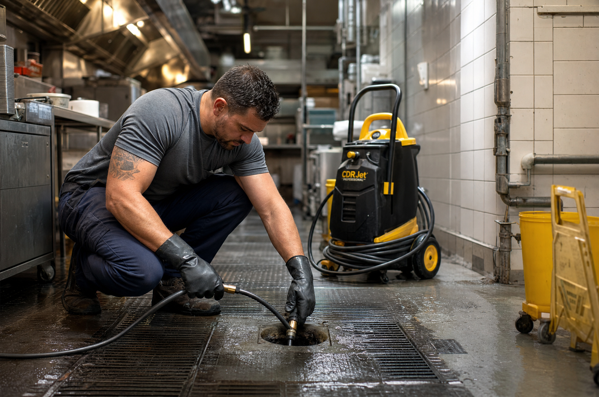 AIC commercial plumber hydro-jetting a grease trap line in a Calgary restaurant kitchen