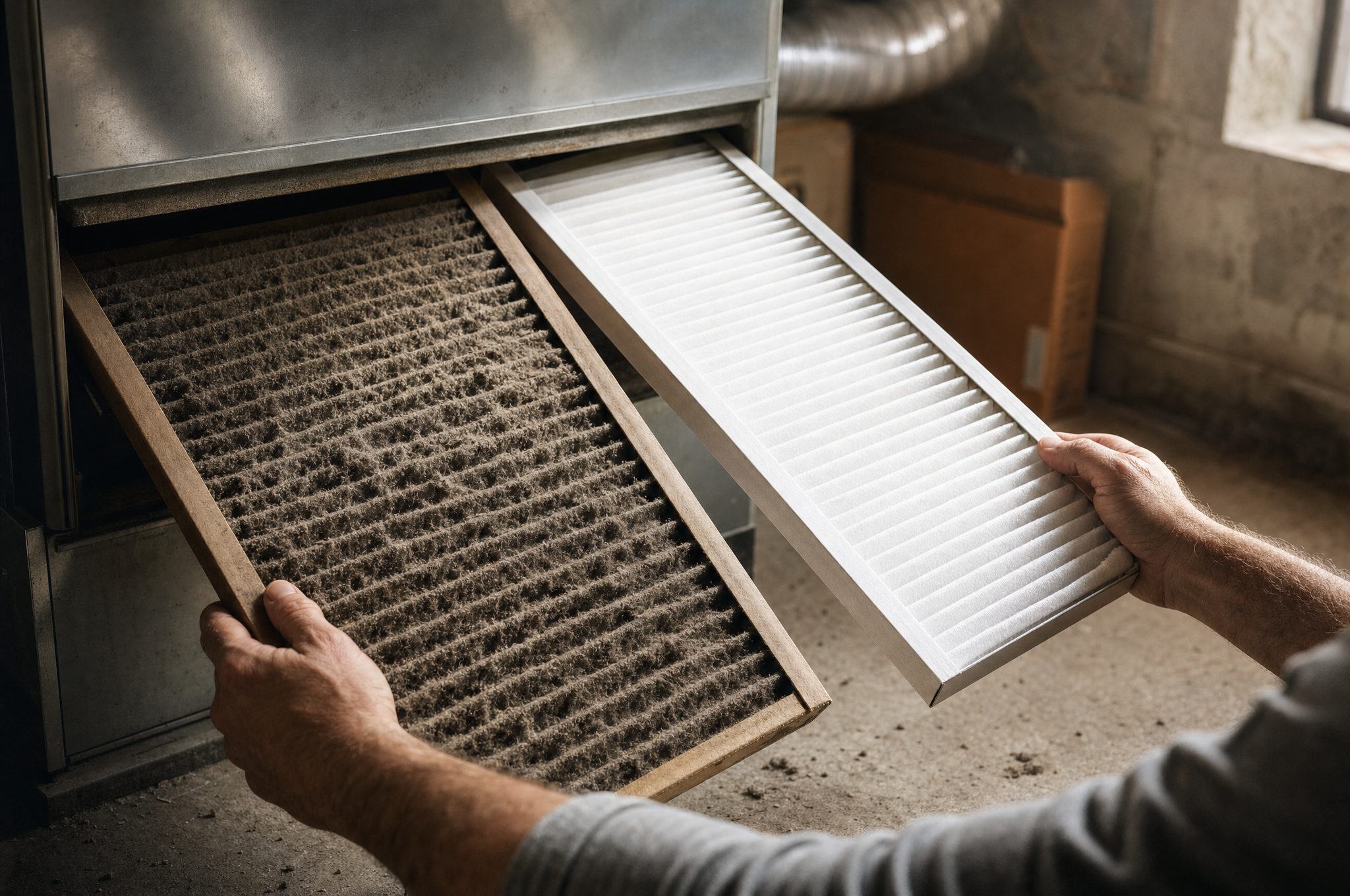 Close-up of a Calgary furnace filter being upgraded to MERV 13, showing before/after dust buildup