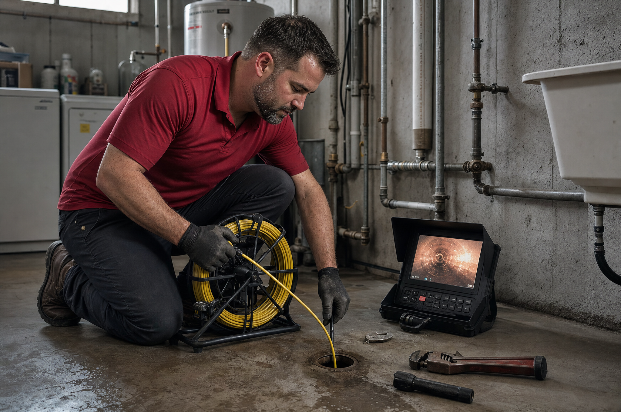 AIC plumber in red polo running a drain camera inspection in a Calgary basement utility room