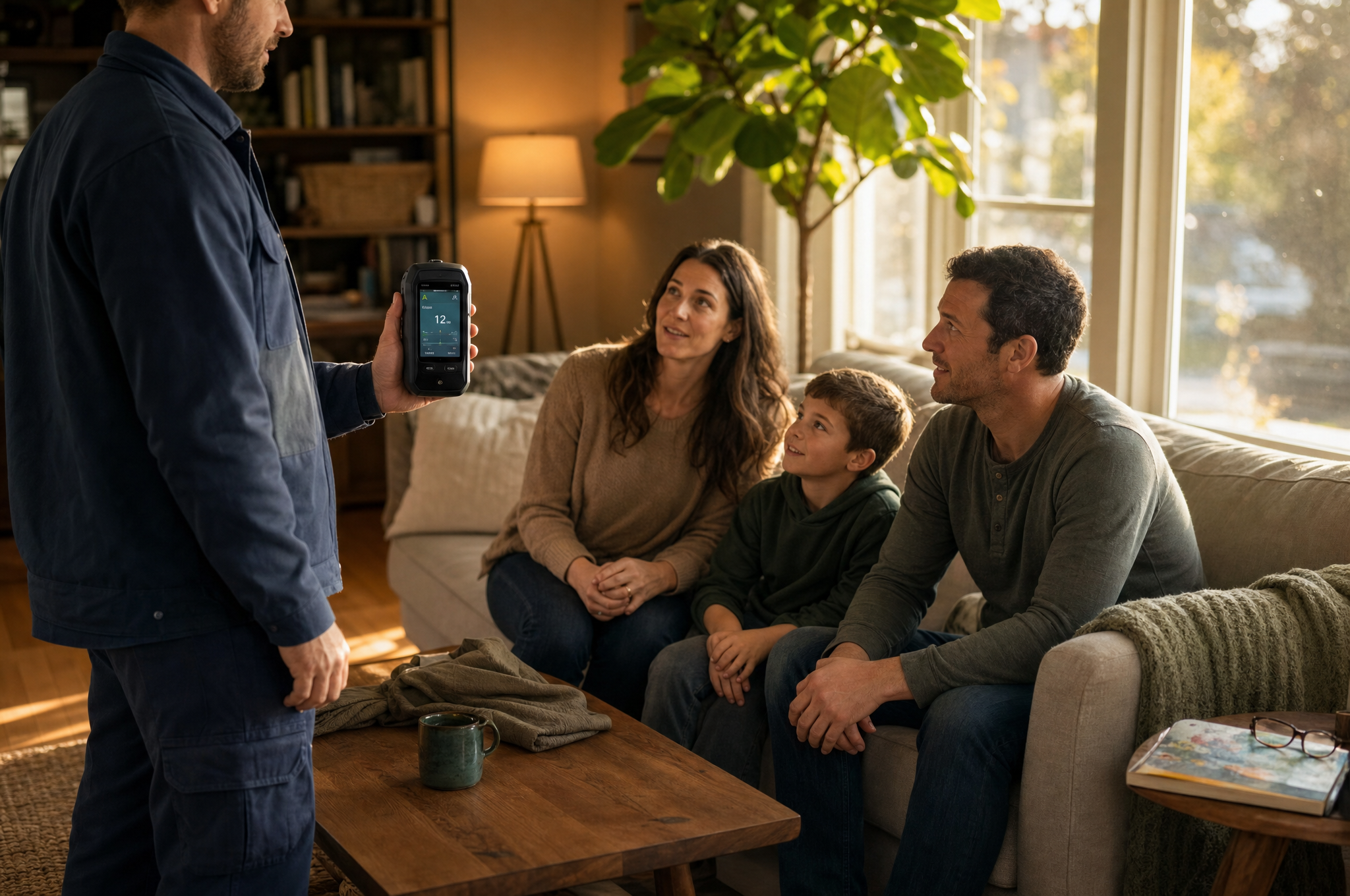AIC technician holding an air quality meter beside a Calgary family in their living room