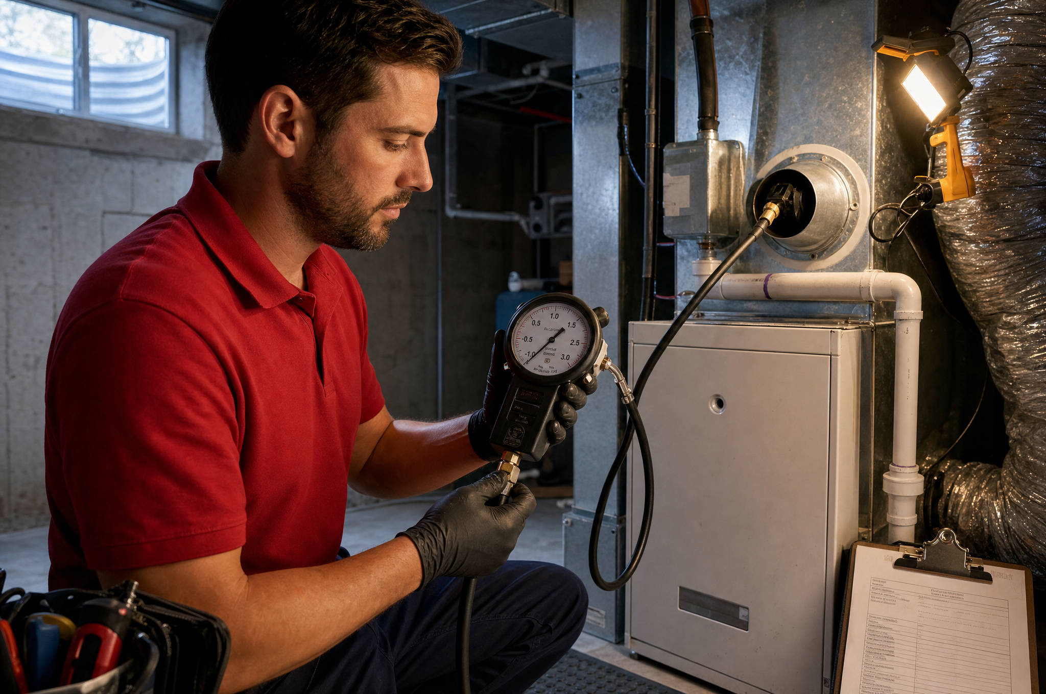 AIC technician in red polo operating duct-sealing diagnostic equipment with pressure gauges beside a Calgary furnace AIC technician in red polo operating duct-sealing diagnostic equipment with pressure gauges beside a Calgary furnace