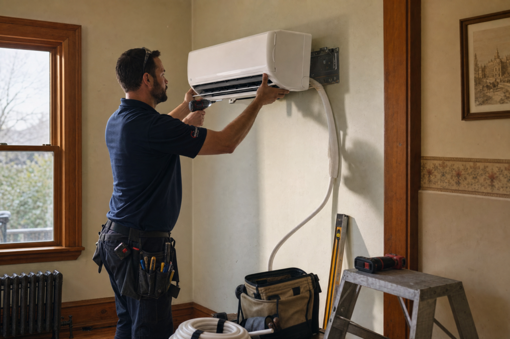 Technician mounting a ductless mini-split head unit on a wall