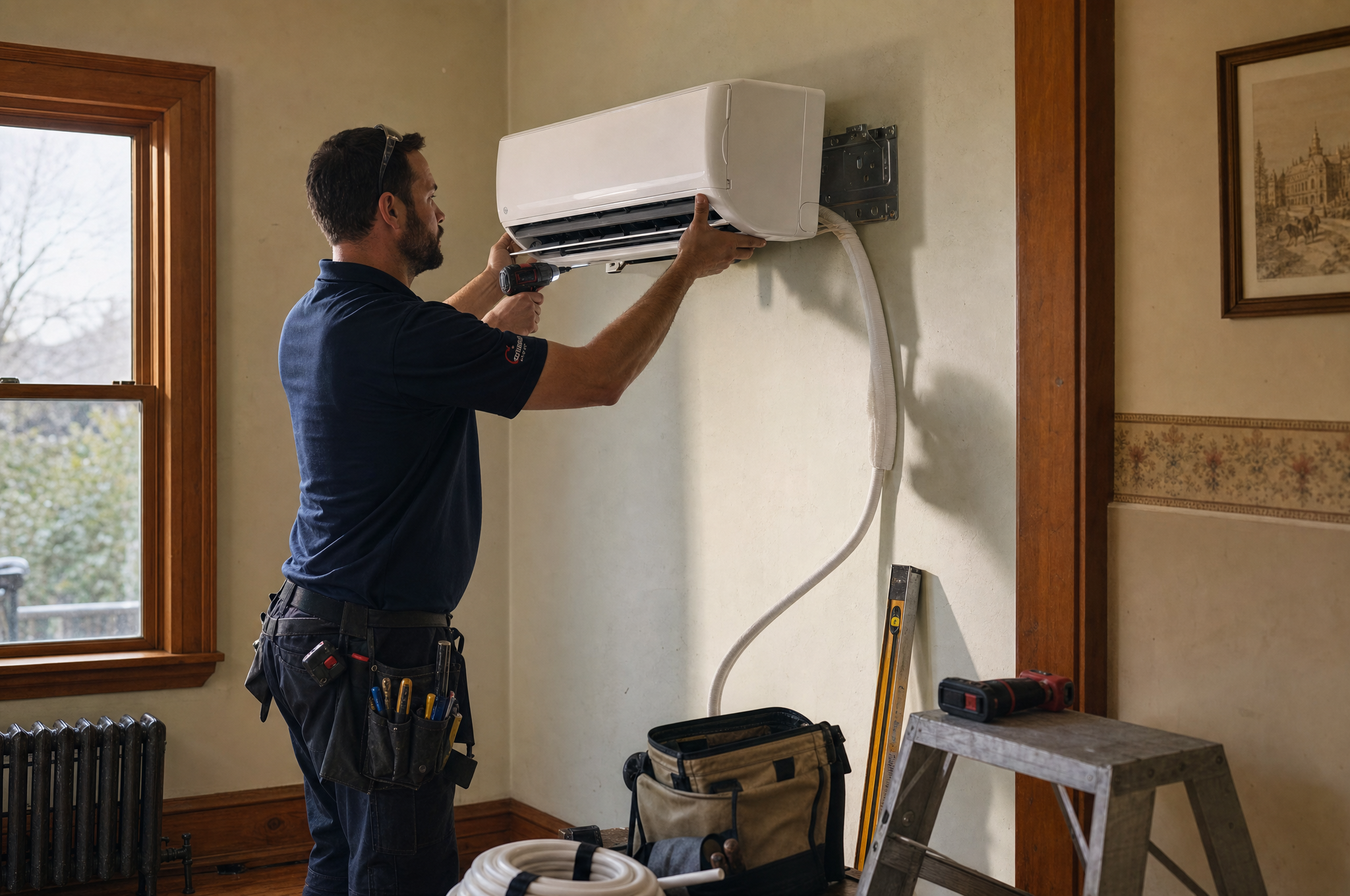 AIC technician mounting a ductless mini-split indoor head unit on a wall in an older Calgary home