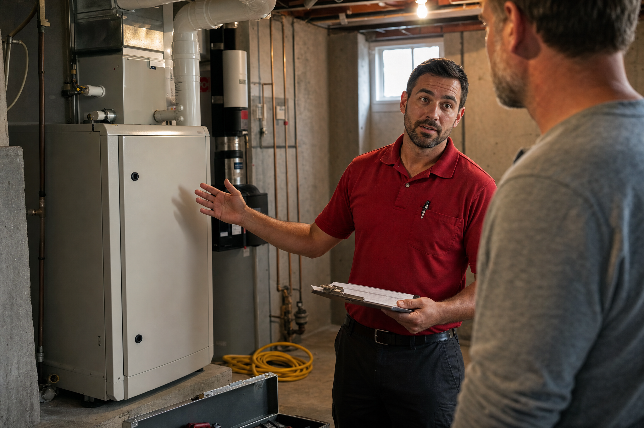 AIC technician reviewing furnace inspection findings with a Calgary homeowner AIC technician reviewing furnace inspection findings with a Calgary homeowner