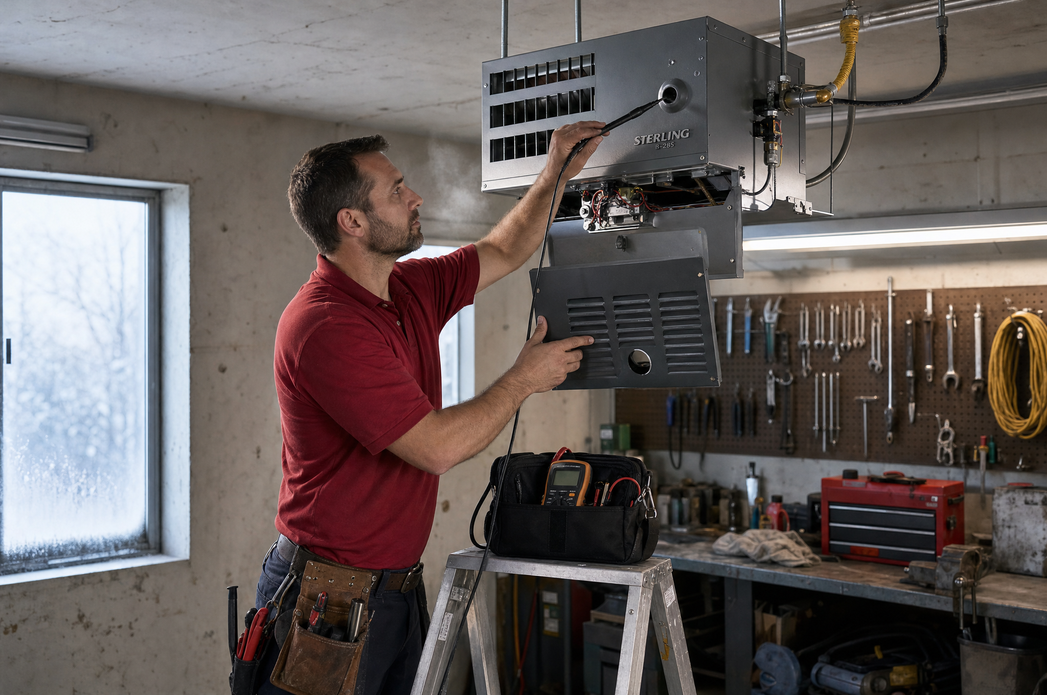 AIC technician servicing a ceiling-mounted garage unit heater in a Calgary garage AIC technician servicing a ceiling-mounted garage unit heater in a Calgary garage