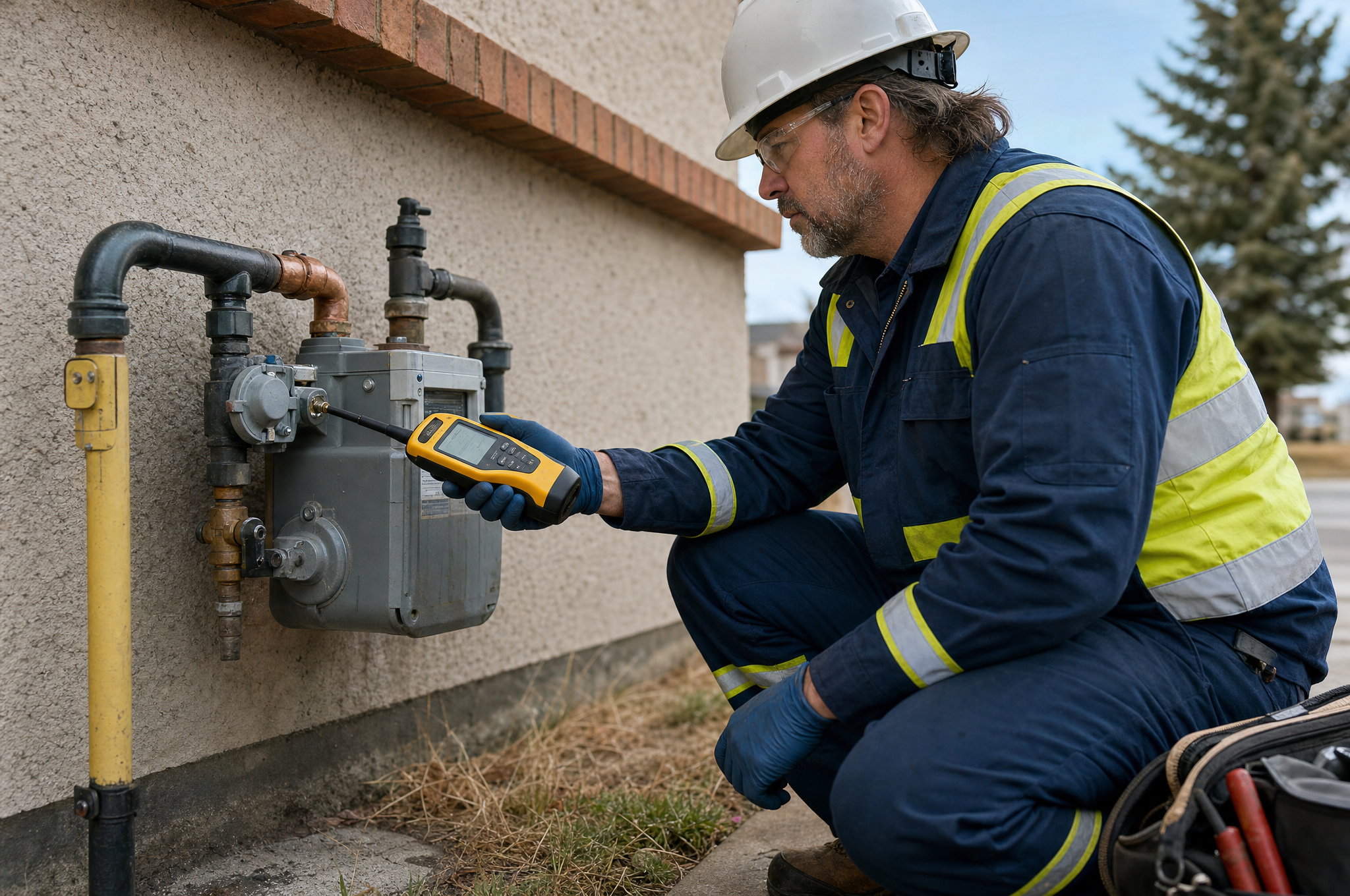 AIC licensed gasfitter checking for gas leaks with a combustible gas detector at a Calgary home AIC licensed gasfitter checking for gas leaks with a combustible gas detector at a Calgary home