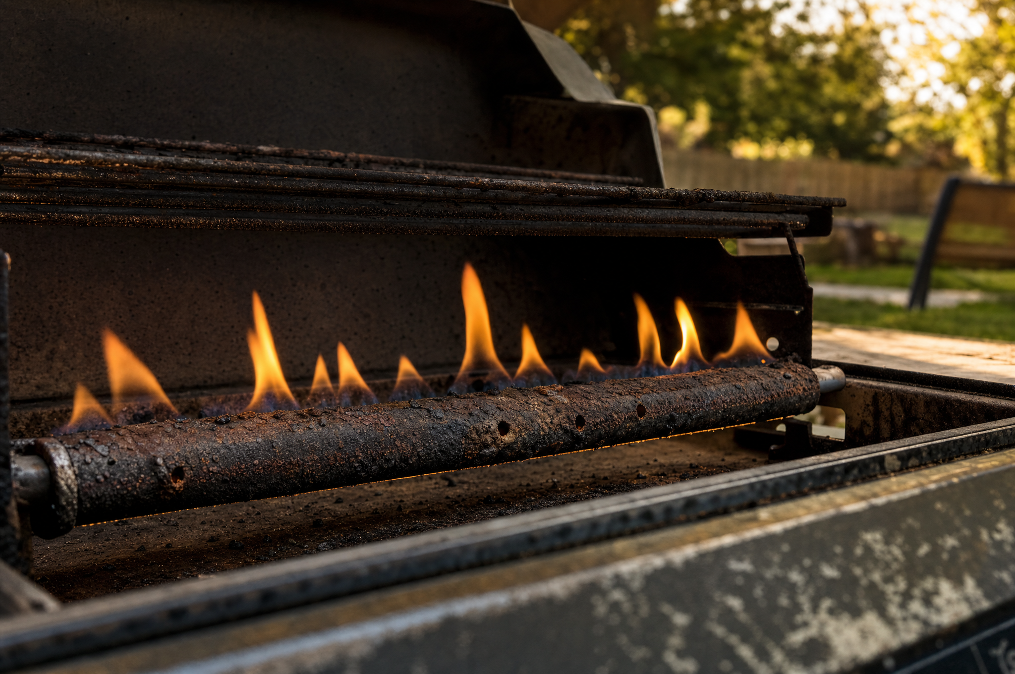 Worn gas BBQ burner with uneven yellow flame before repair in a Calgary backyard Worn gas BBQ burner with uneven yellow flame before repair in a Calgary backyard
