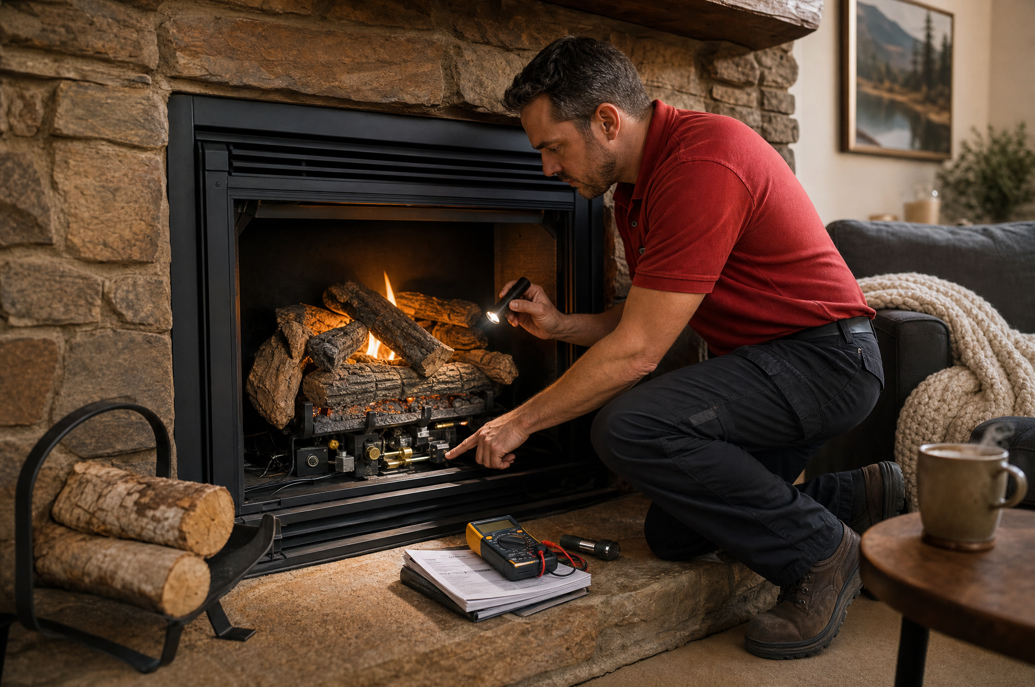 AIC technician inspecting a gas log fireplace in a Calgary living room AIC technician inspecting a gas log fireplace in a Calgary living room