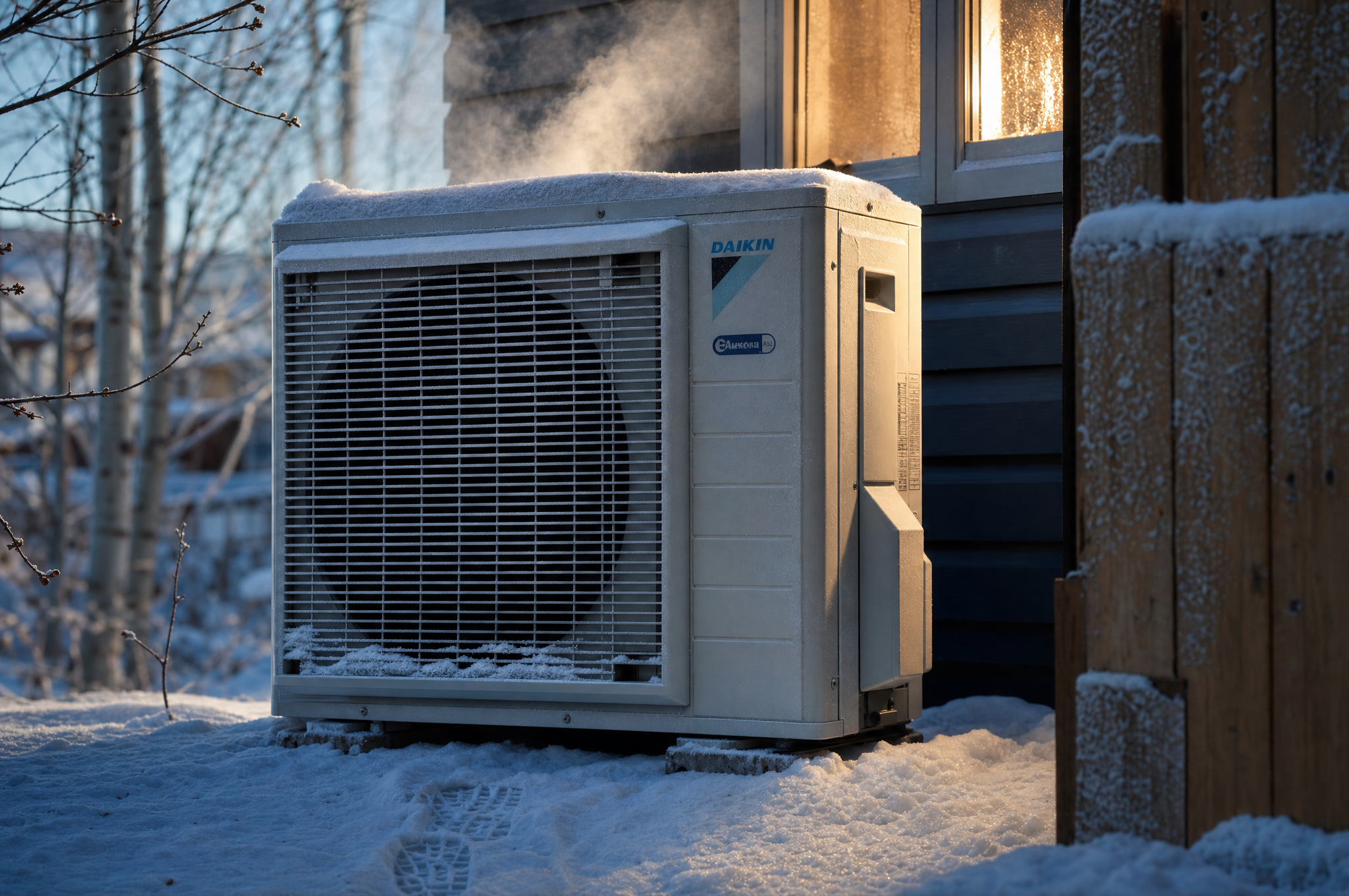 Close-up of a cold-climate heat pump outdoor unit running with frost/snow on the ground, Calgary winter