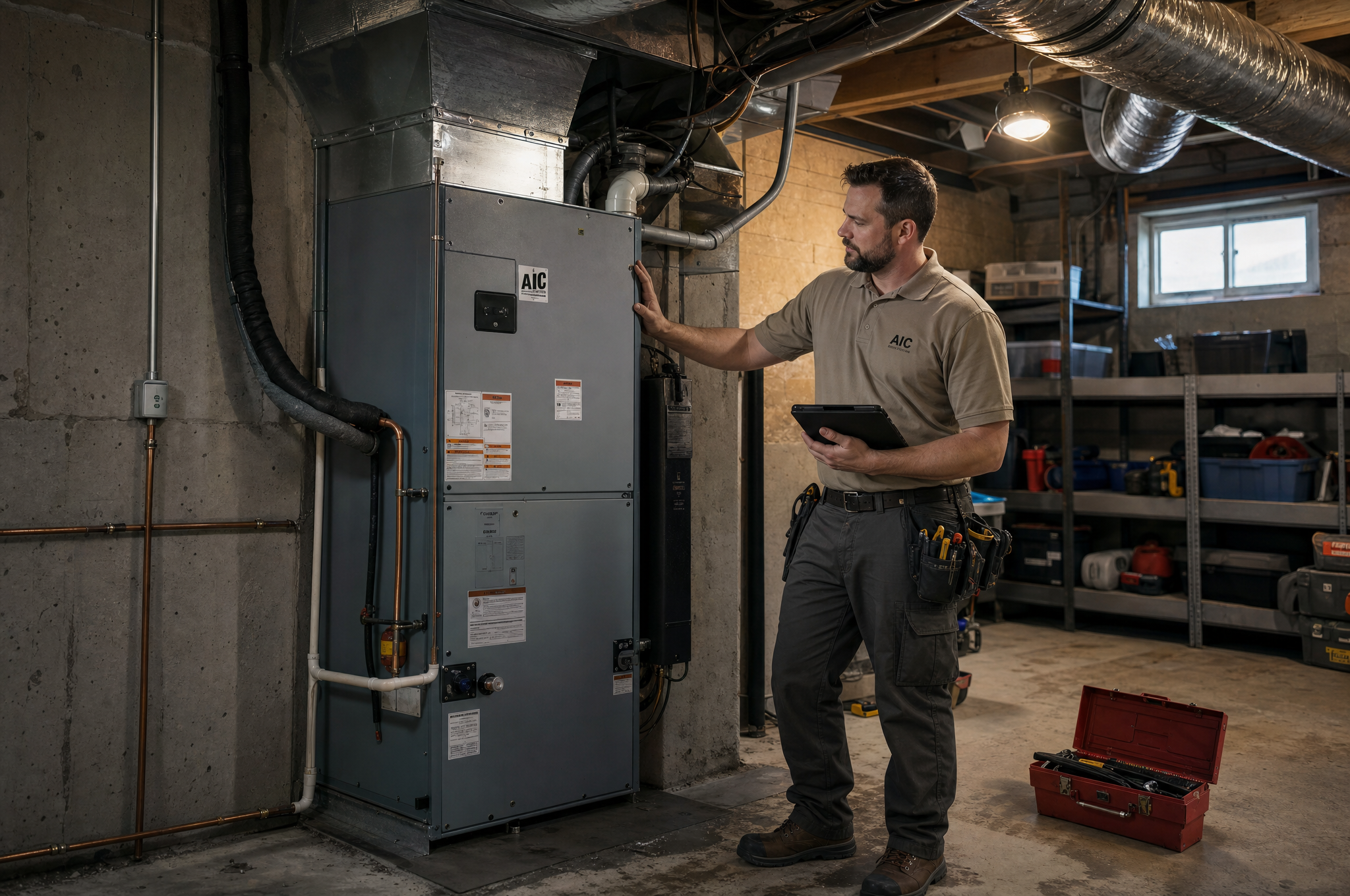 AIC technician beside a ducted heat pump air handler in a Calgary mechanical room AIC technician beside a ducted heat pump air handler in a Calgary mechanical room