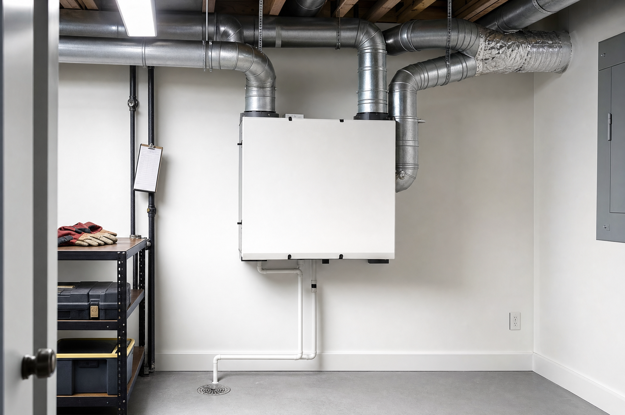 Heat recovery ventilator (HRV) unit installed in a Calgary basement mechanical room Heat recovery ventilator (HRV) unit installed in a Calgary basement mechanical room