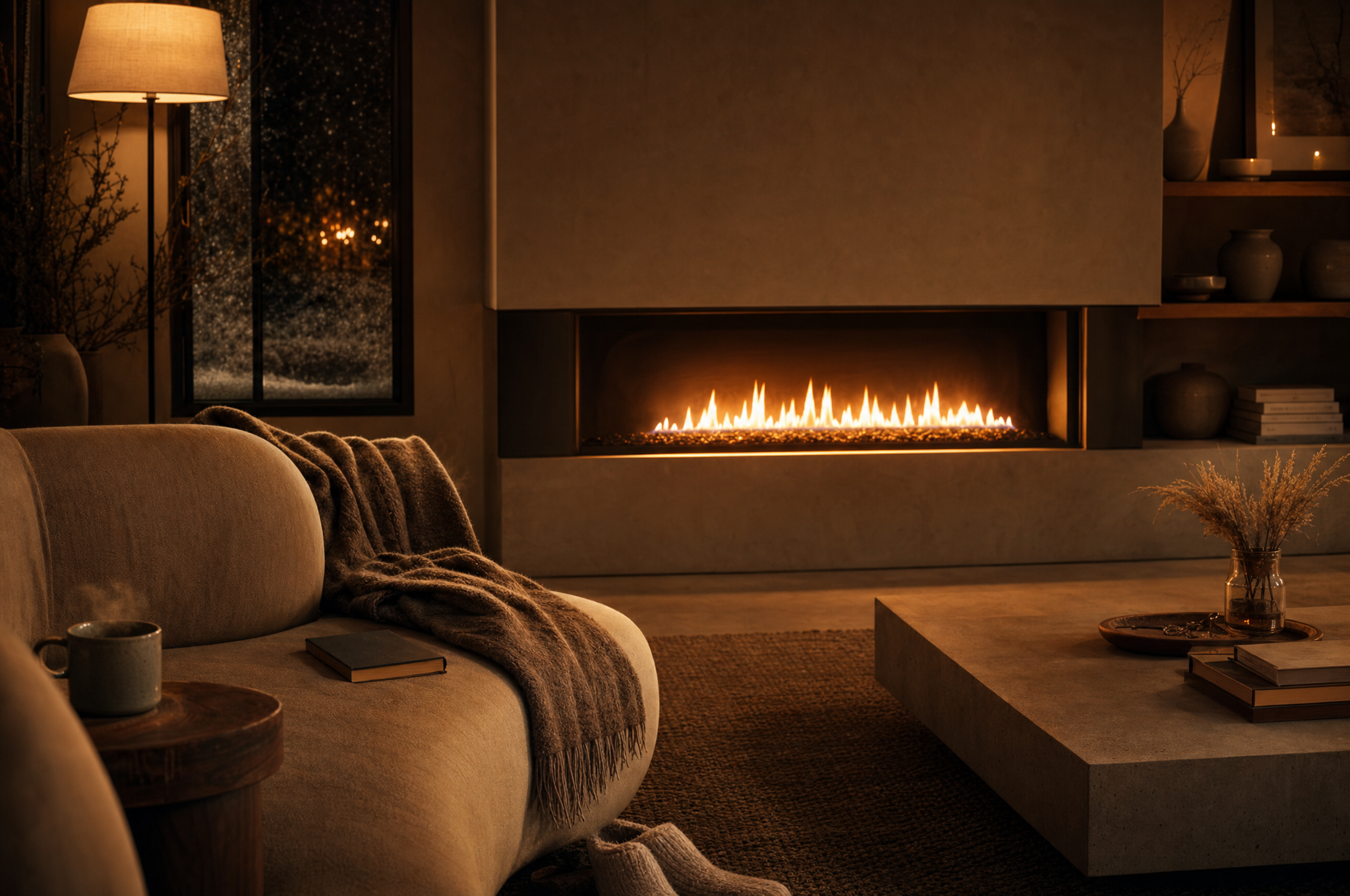 Cozy Calgary living room with a modern gas fireplace glowing on a winter evening, warm inviting light Cozy Calgary living room with a modern gas fireplace glowing on a winter evening, warm inviting light