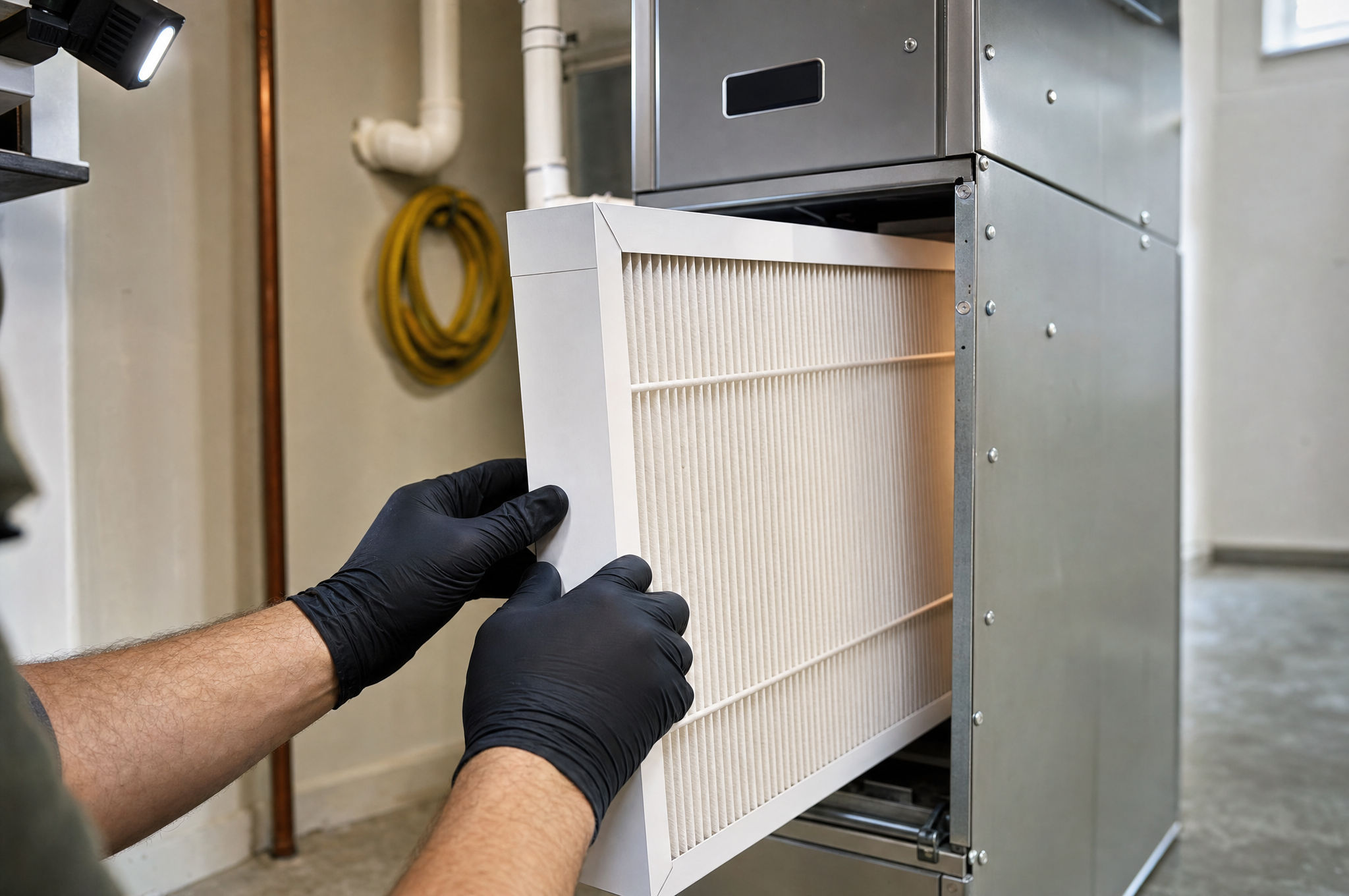 Technician installing a HEPA filter cartridge into a Calgary furnace air cleaner