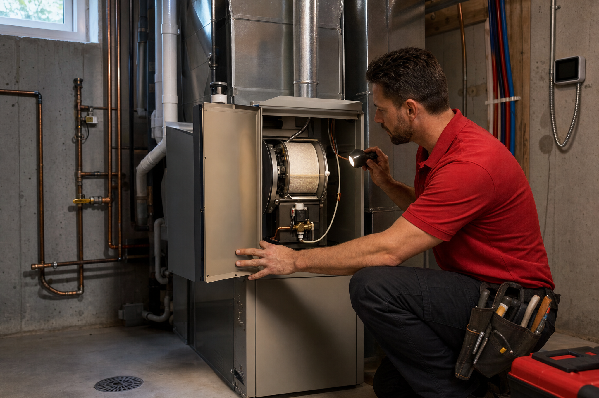 AIC technician inspecting a whole-home humidifier on a furnace in a Calgary basement