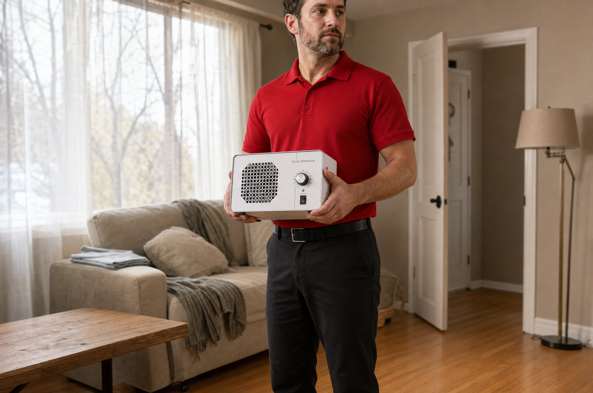 AIC technician in red polo holding an ozone generator unit in a Calgary living room, before treatment