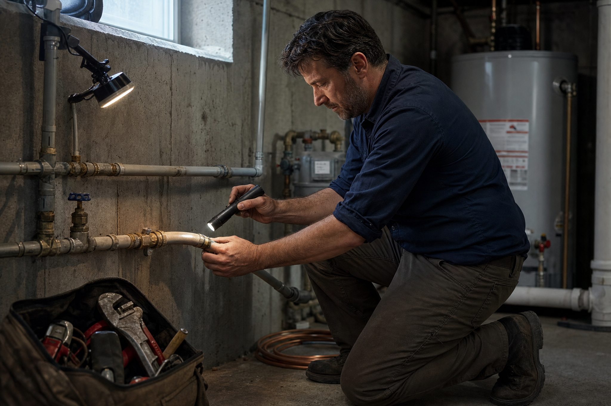 AIC plumber inspecting exposed grey Poly-B pipe in a Calgary basement mechanical room