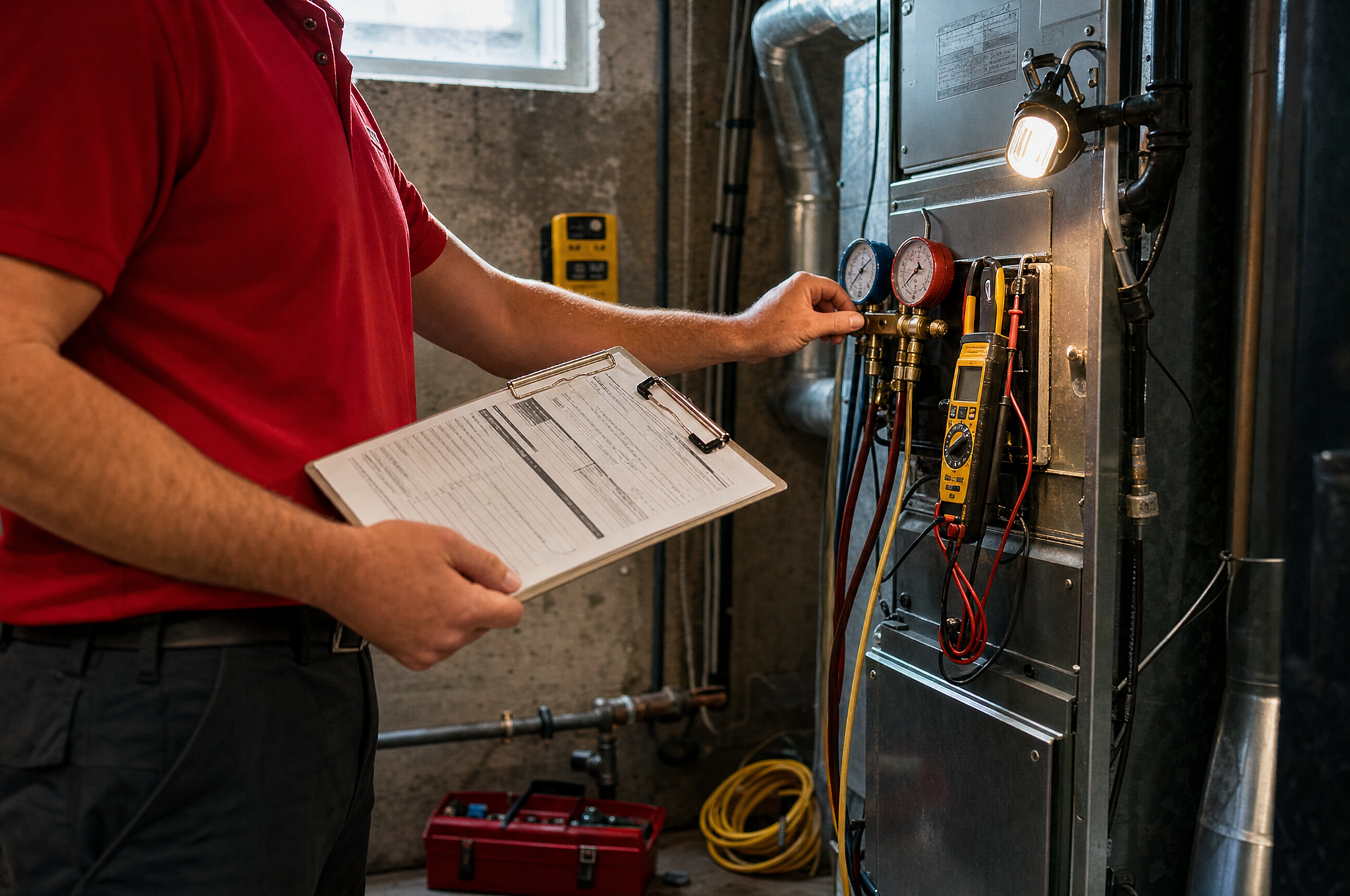 AIC technician completing a PureComfort365 furnace tune-up checklist in a Calgary basement