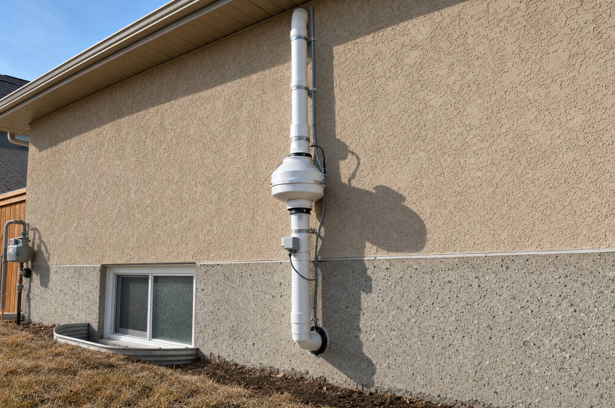 Radon mitigation fan and white PVC vent pipe installed on the exterior foundation wall of a Calgary home Radon mitigation fan and white PVC vent pipe installed on the exterior foundation wall of a Calgary home