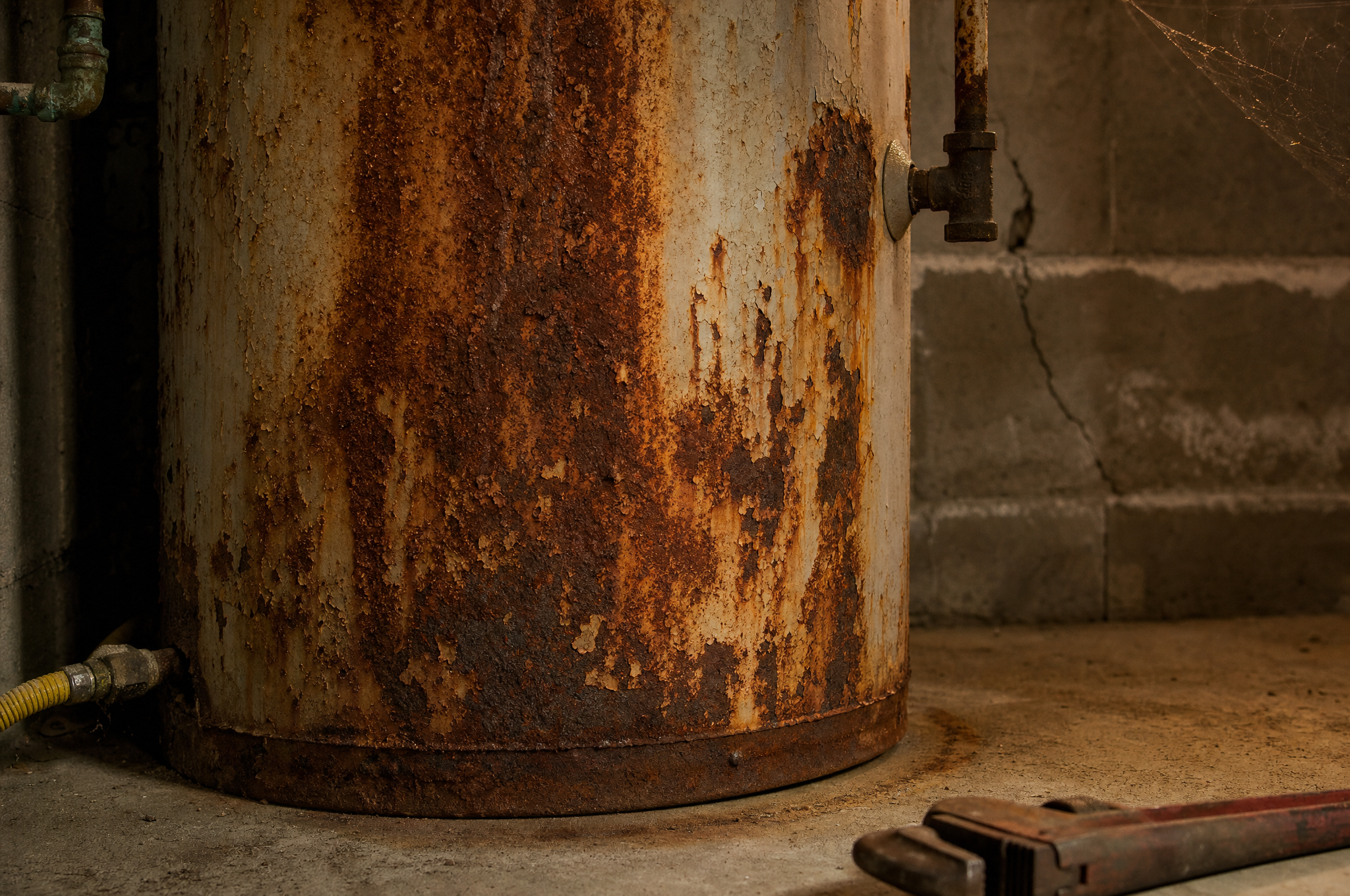 Close-up of rust and corrosion on an aging gas water heater tank in a Calgary basement