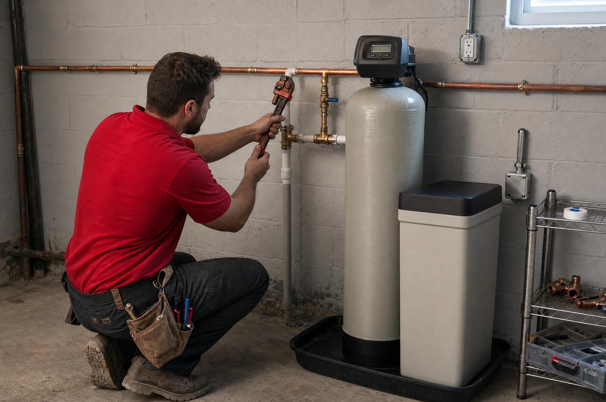 AIC technician in red polo installing a water softener system beside a Calgary basement water line AIC technician in red polo installing a water softener system beside a Calgary basement water line