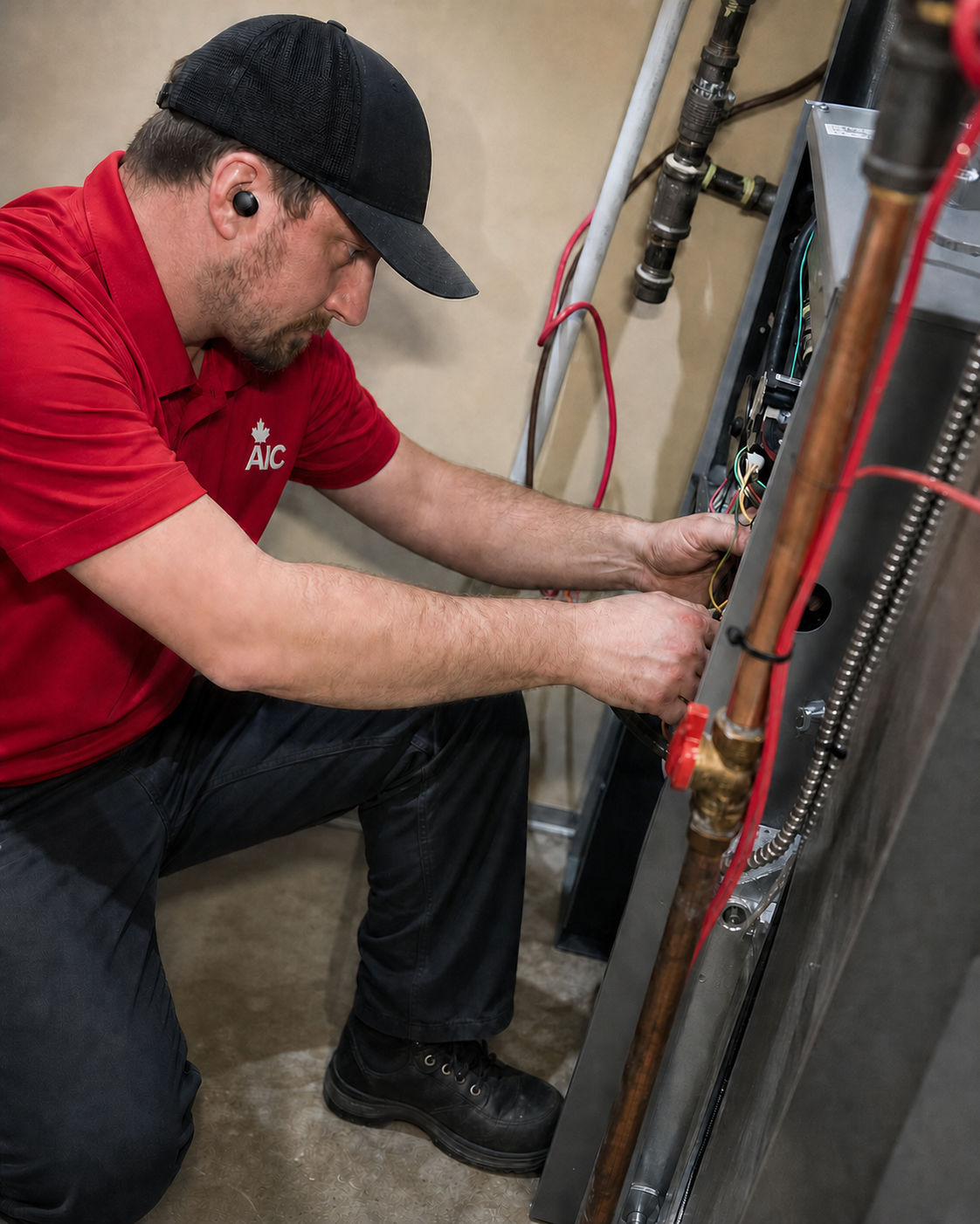 AIC technician inspecting a residential furnace in a Calgary home