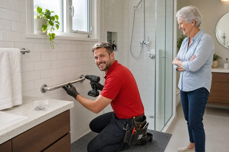 Technician installing a grab bar