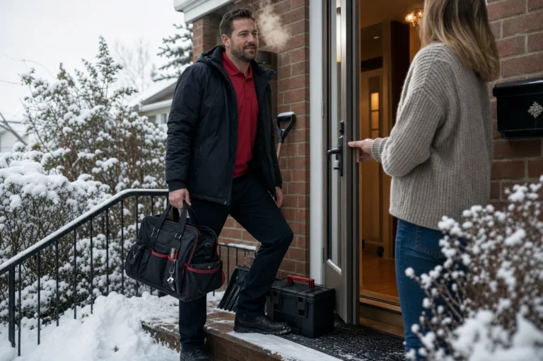 Furnace technician arriving at a snowy home