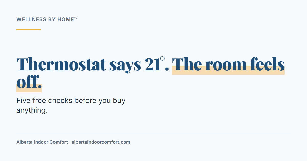 Card: Thermostat says 21 degrees. The room feels off. Five free checks before you buy anything.