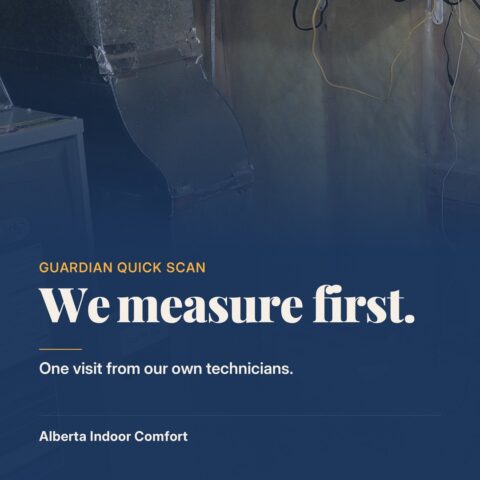 Furnace and ductwork in a basement with the text We measure first