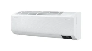 A ductless mini split system indoor unit mounted on a wall with an outdoor unit connected, representing Samsung's efficient and versatile heating and cooling solutions for homes.
