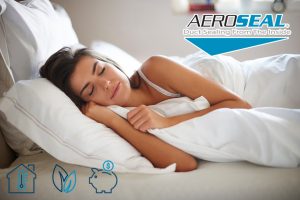 A close-up of woman sleeping happily because Aeroseal duct sealing equipment in action, enhancing home energy efficiency.