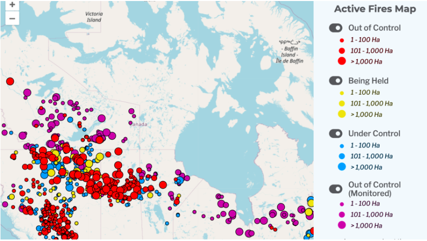 Illustrates current active wildfires today